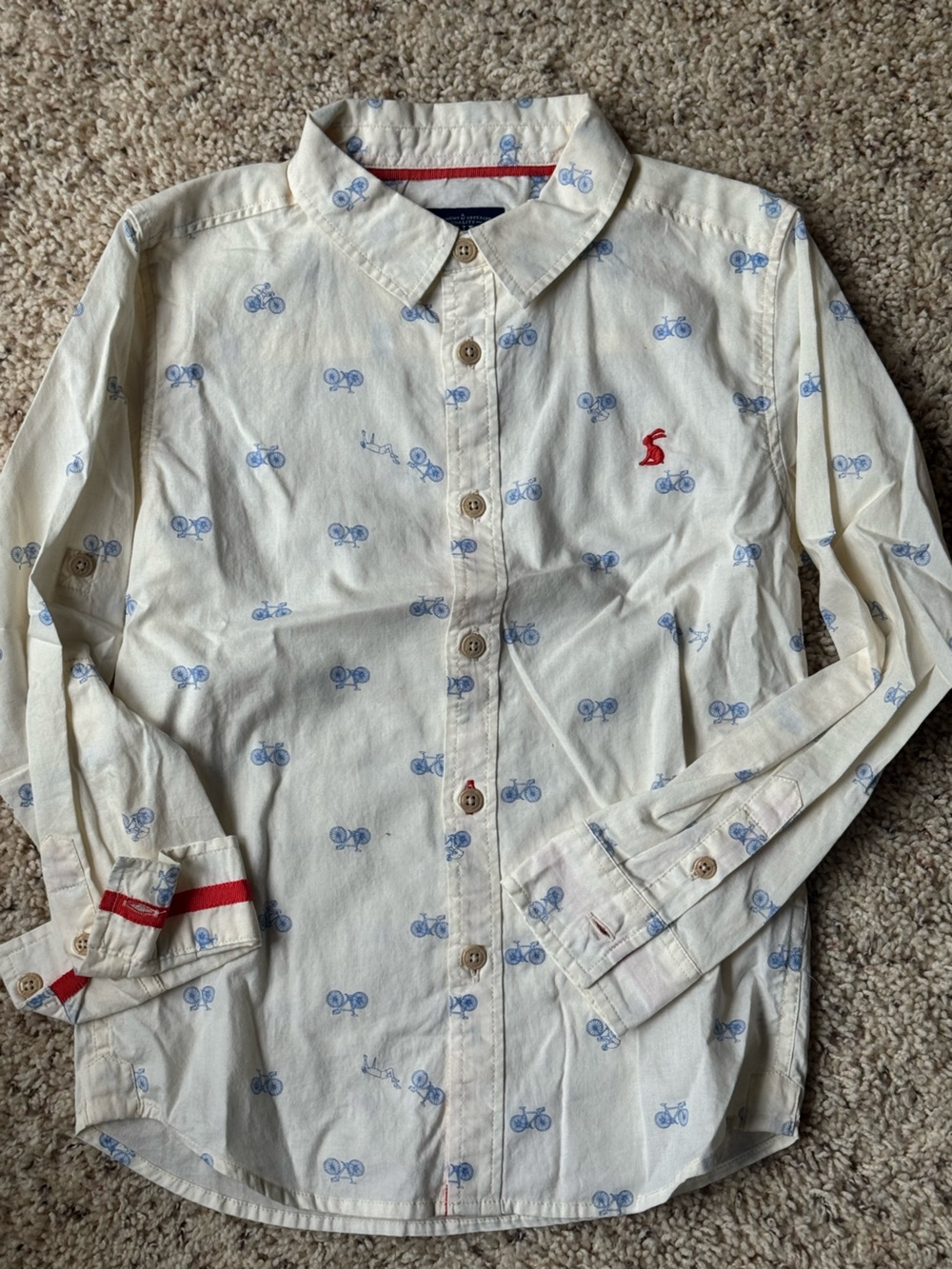 Joules Cream Button-Up Shirt with Blue Bicycle Print and Red Logo